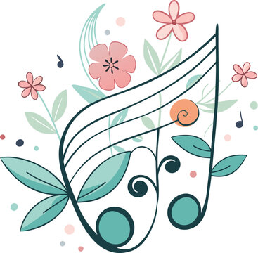 decorative floral musical note design with pink and orange flowers green leaves and symbols symbolizing harmony balance and artistic style