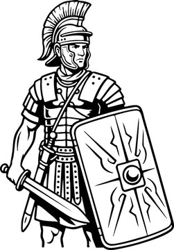 Roman Centurion Soldier with Sword and Shield Line Art Illustration