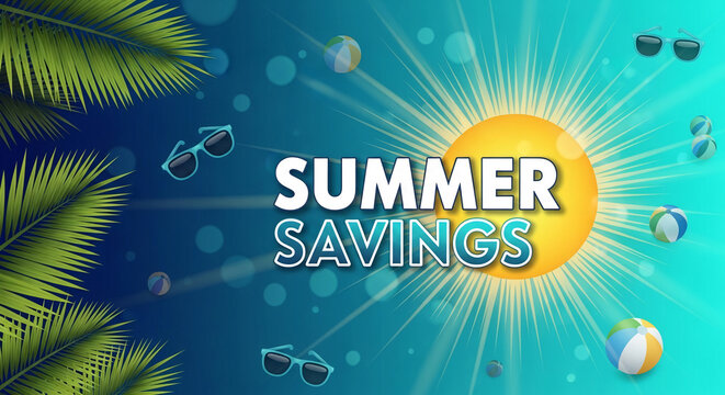 Bright illustration of summer scene with sun, text "Summer Savings", beach ball and sunglass graphics symbolizing summertime fun and promotions