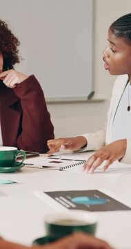 Creative, meeting and women with paperwork in office, public relations and planning for ad campaign. PR manager, team and people with documents for brand awareness, serious and discussion with report