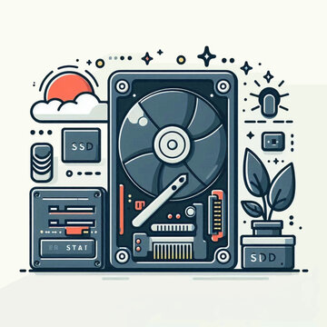 Cartoon image Hard drive with components sun cloud lamp potted plant and text SSD SDD ER STAT