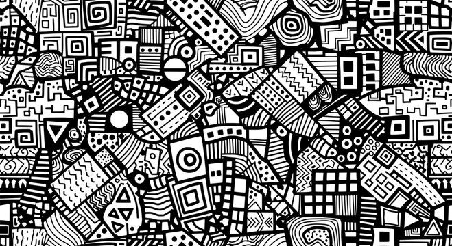 Patterns doodle drawn with black and white geometric shapes and lines creating abstract art featuring artistic, decorative, creative with design and