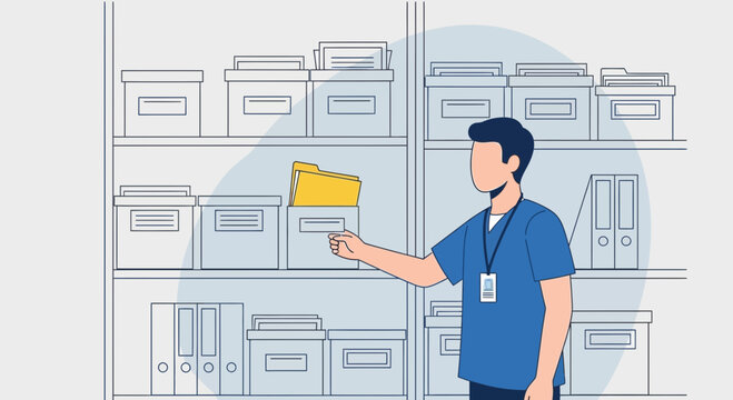 Man in blue scrubs organizing files and boxes on a shelf in a storage room