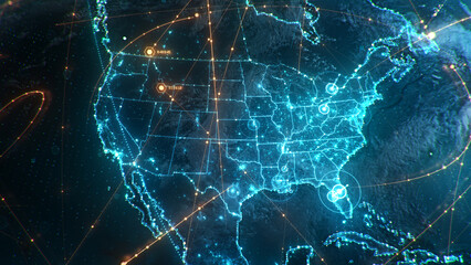Futuristic digital globe of Earth with glowing data points network connections on a dark background. Worldwide links on planet earth at night. Concept of World communication technology. 3d render © Ilia_Levchenko