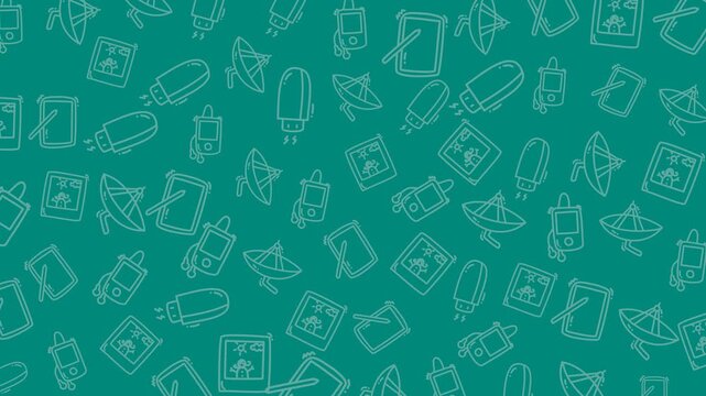 Seamless Pattern Technology Satellite USB Music Player Retro. Minimal Doodle Illustration with Playful Style.