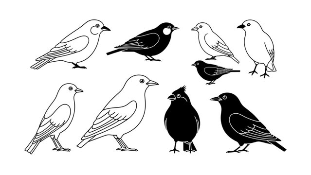 2D AutoCAD illustration of various birds in different poses and colors
