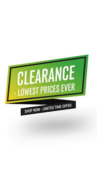 Green banner with text clearance and lowest prices, symbolizing promotion and sale, with limited time offer on black strip below, mockup