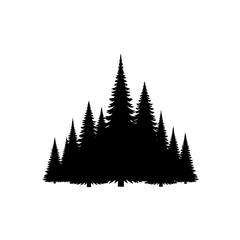 Obraz premium Silhouette of a dense forest of evergreen trees against a white background.