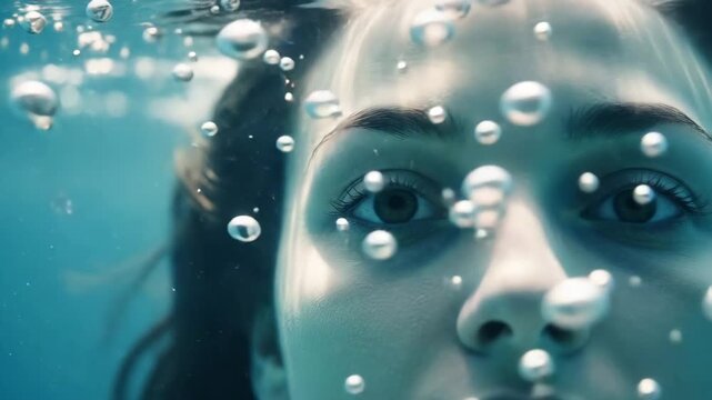 Human eye submerged underwater with floating bubbles and light refraction.