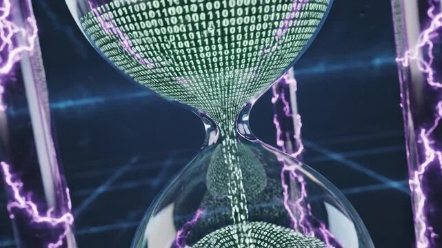 Digital data streaming through a futuristic hourglass, representing the flow of information and the passage of time in the digital age, surrounded by vibrant energy