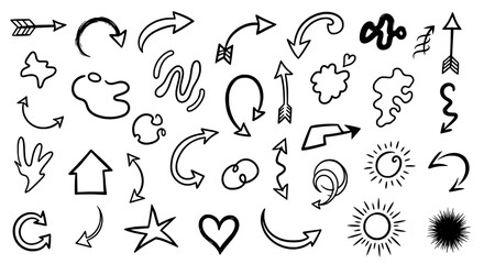 Fototapeta premium Arrows hand drawn set with black curved lines, symbols, and directional icons. featuring vector, illustration, graphics with collection and doodle