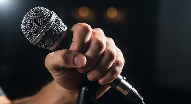 Close-up of a hand gripping a professional microphone for live performance or speech