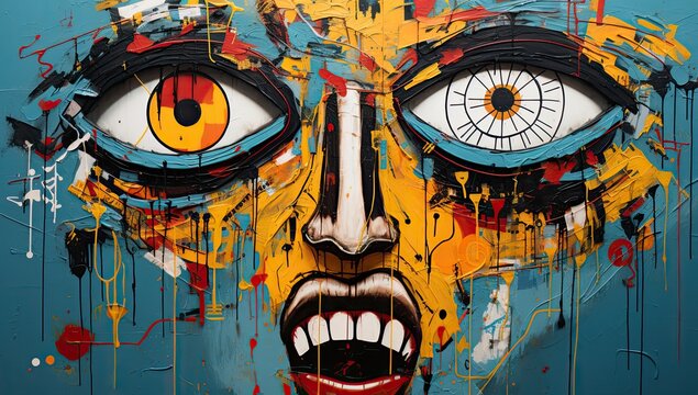 graffiti style painting with abstract screaming face 
