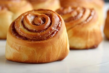 Fototapeta premium Freshly Baked Cinnamon Roll on White Background With Visible Layers and Swirl Design