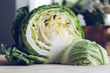 Fototapeta premium Cutting a Cabbage on a Wooden Table With a Blurred Background Showing Green Plants