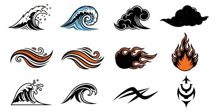 Stylized elemental icons waves wind fire clouds vector illustration