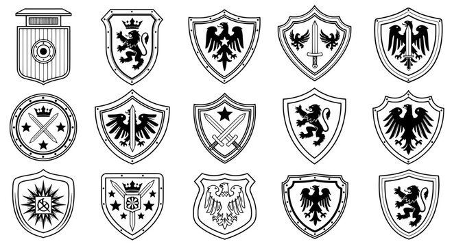 Shields heraldic set with black and white illustrations of crests, coats of arms, and emblems featuring various animals, swords, stars, and crowns.