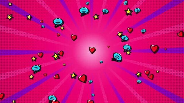 Pop art background with speech bubbles, stars and hearts in comic style