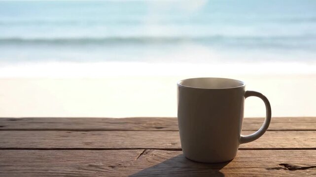 Empty ceramic coffee mug on wooden deck at sunrise with soft golden light and ocean horizon