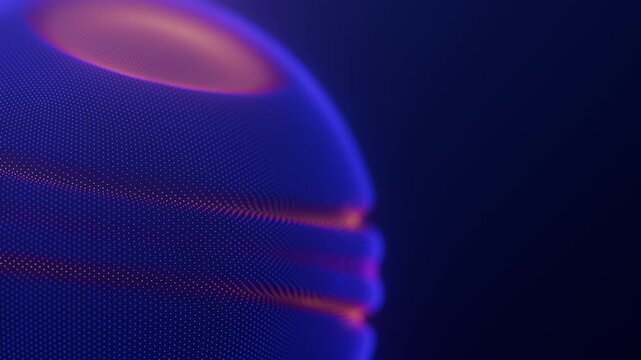 Closeup on distortion waves on abstract sphere of particles loop. Digital data splash of spherical point array. Round waveform dot UI element. Futuristic blue mesh glitch orb