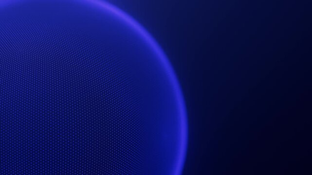 Closeup on distortion waves on abstract sphere of particles loop. Digital data splash of spherical point array. Round waveform dot UI element. Futuristic blue mesh glitch orb