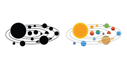 A colorful depiction of the solar system alongside its black silhouette © nhpvect02