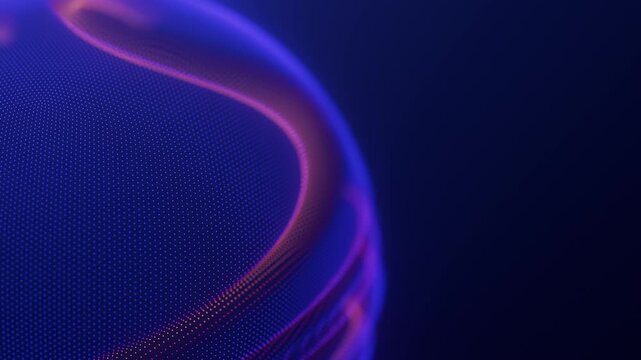 Closeup on distortion waves on abstract sphere of particles loop. Digital data splash of spherical point array. Round waveform dot UI element. Futuristic blue mesh glitch orb