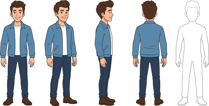 Cartoon male character turnaround sheet showing front, side, back, three‑quarter views and outline sketch for animation, modeling, and illustration reference