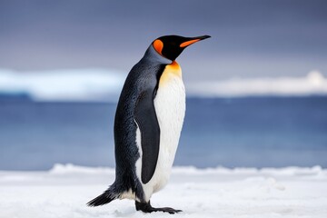 Fototapeta premium King Penguin Stands on Ice Near Ocean Under Cloudy Sky in Cold Weather