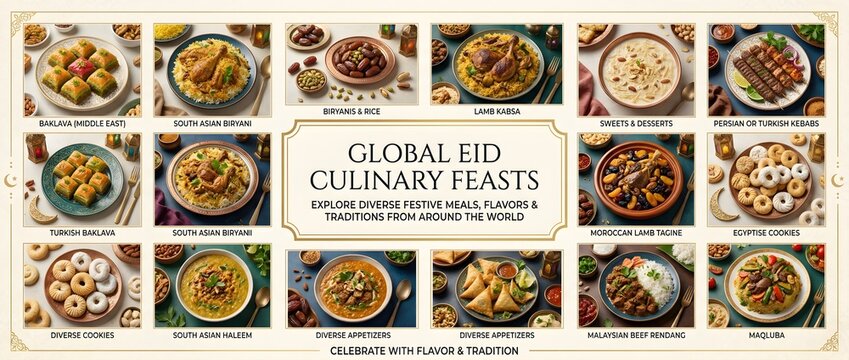 Global Eid Culinary Feasts Infographic Poster Featuring International Dishes Baklava Biryani Lamb Kabsa Moroccan Tagine and Malaysian Rendang