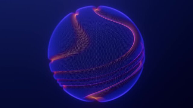 Distortion waves on abstract sphere of particles loop. Digital data splash of spherical point array. Round waveform dot UI element. Futuristic blue mesh glitch orb