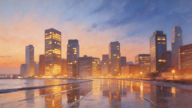 City skyline at dusk with reflections