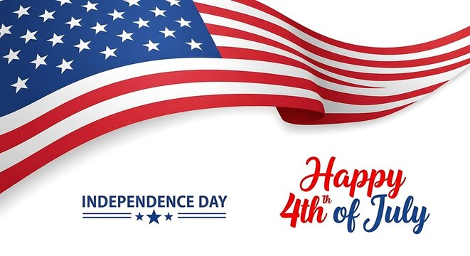 Happy 4th of July USA Independence Day greeting card with waving American national flag and hand lettering text design. Vector illustration