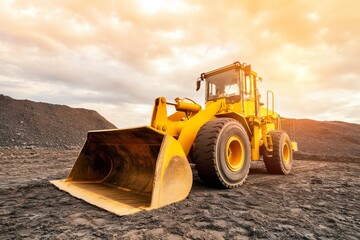 Fototapeta premium Large Yellow Construction Vehicle Operates at a Gravel Site During Sunset in the Late Afternoon