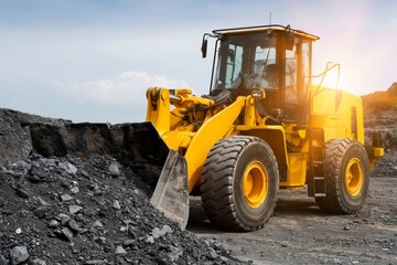 Obraz premium Construction Equipment Works to Move Dirt and Rocks at a Worksite in the Afternoon Light