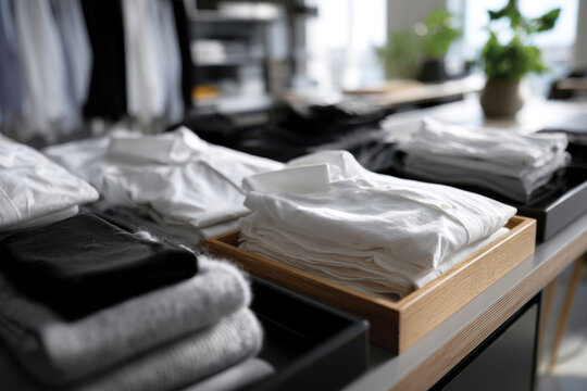 The image showcases a meticulously organized display of white shirts, emphasizing simplicity and elegance in modern retail design, perfect for fashion enthusiasts and shoppers.