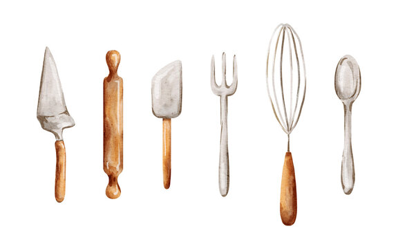 Watercolor Kitchen Utensils Set with Wooden Handles