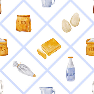 Geometric watercolor baking pattern with blue diamond grid