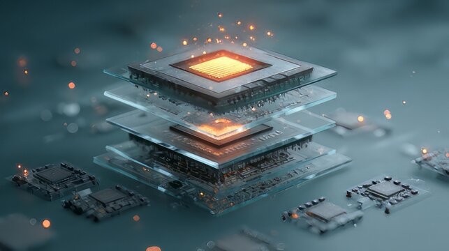 Digital rendering of a computer processor, likely representing advanced chip technology, multi layered or stacked semiconductor.