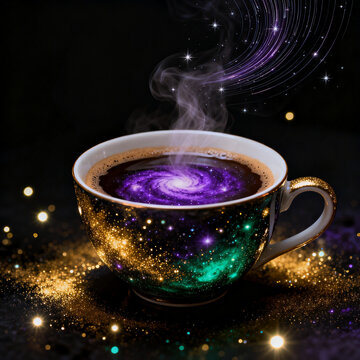 Celestial espresso with purple nebula swirl inside ceramic cup, magical space coffee concept, generative AI