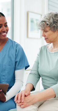 Nurse, old woman and smile with clipboard at hospital, notes or questions for medical report. Elderly person, healthcare professional and happy with wellness, checklist and consultation at clinic