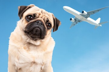 Obraz premium Pug Sits Below an Airplane Flying in Clear Blue Sky During Daylight Hours in a Lively Outdoor Setting