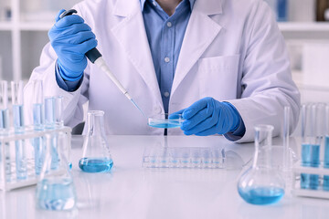 Fototapeta premium Scientist using Micropipette and Petri Dish in Research Laboratory