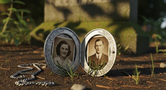 Antique silver locket with portraits in cemetery