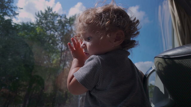 Toddler presses hand and face against bus window while observing outdoors, immersed in changing scenery with blue sky and trees reflected on glass