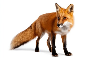 Fototapeta premium Red Fox Standing in a White Background With Alert Posture and Focused Gaze