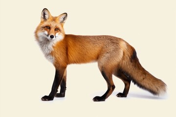 Fototapeta premium Red Fox Stands on a Plain Background Looking Toward the Viewer With Curiosity in Its Eyes