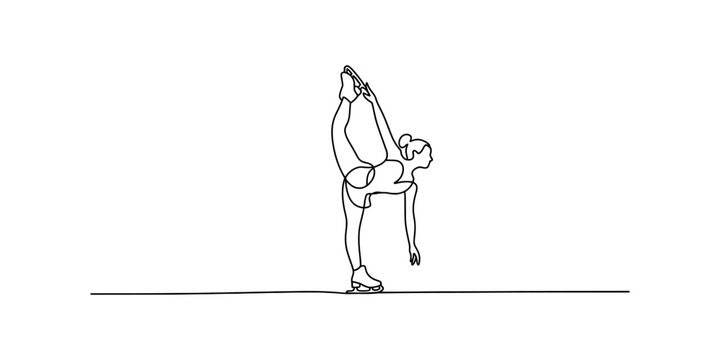 Single line drawing of a figure skater performing a difficult spin and pose on ice Vector, illustration
