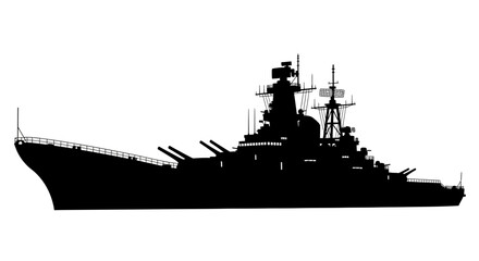 Detailed black silhouette of a large naval battleship at sea © Asia