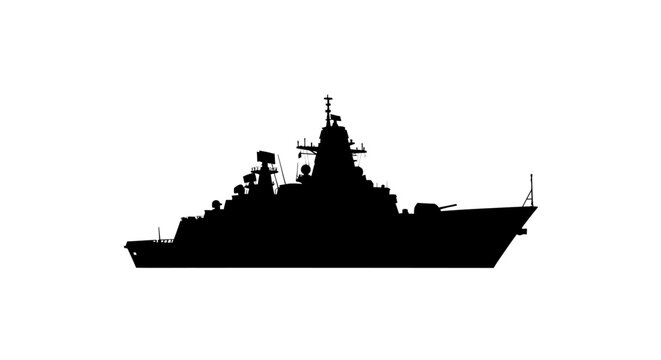 Detailed black silhouette of a modern naval destroyer ship silhouette